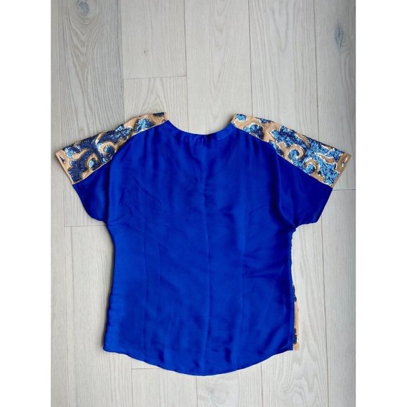 Tracy Reese x Neiman Marcus Sequin Floral Blouse Blue / Beige ( S ) - Picture 3 of 3